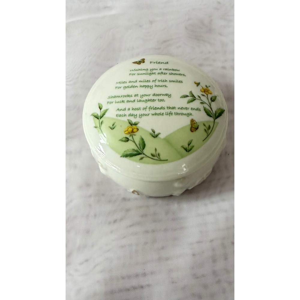 Belleek Ireland Friend Trinket Box Parian China Irish Blessing Shamrock
